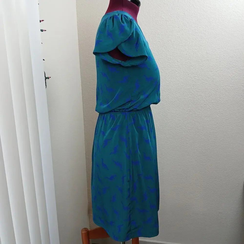 Peach Love California ModCloth Dino Print Dress M green blue blouson midi - Picture 4 of 13